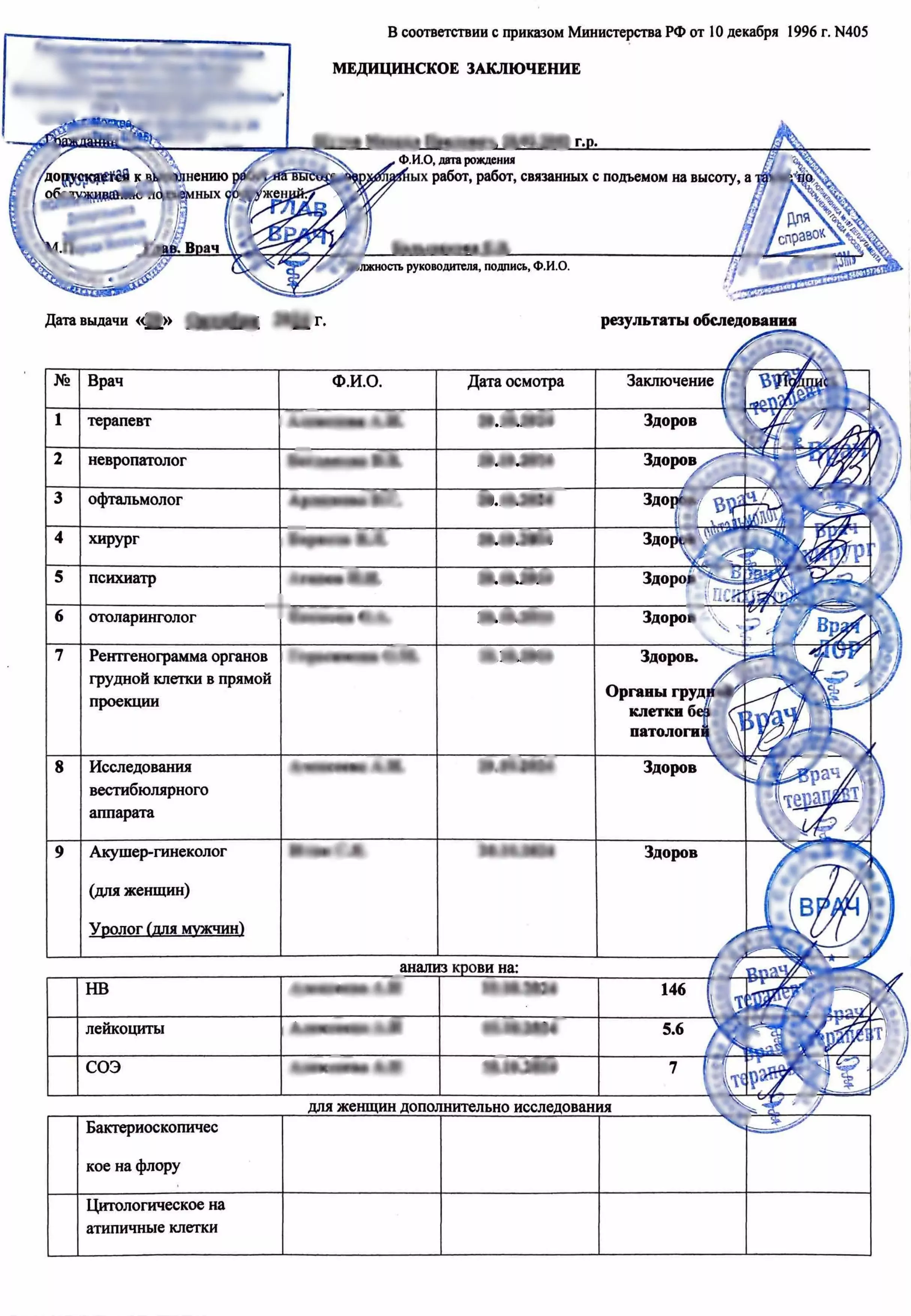 Купить медицинскую справку 405 для работы на высоте